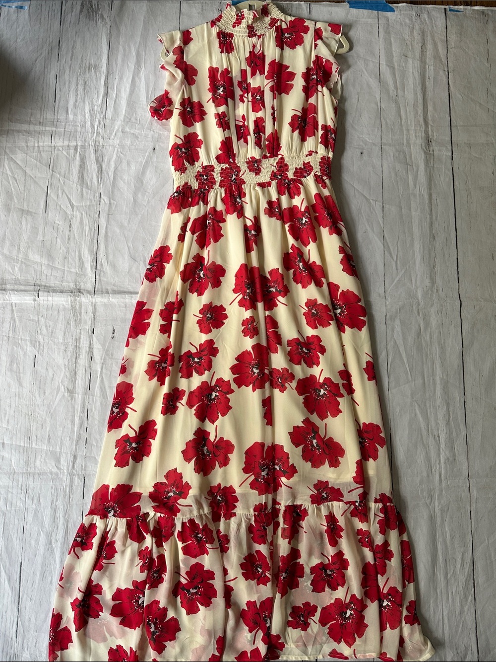 MELLODAY Cream Maxi Dress with Red Floral Poppy Print ruffle